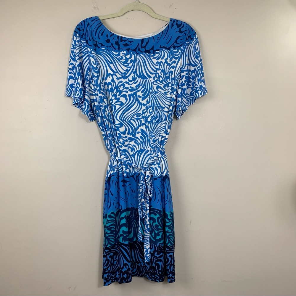 Chico’s Women’s Ocean Wave Print Pull on Stretch Dress Lined Belted  Size XL
